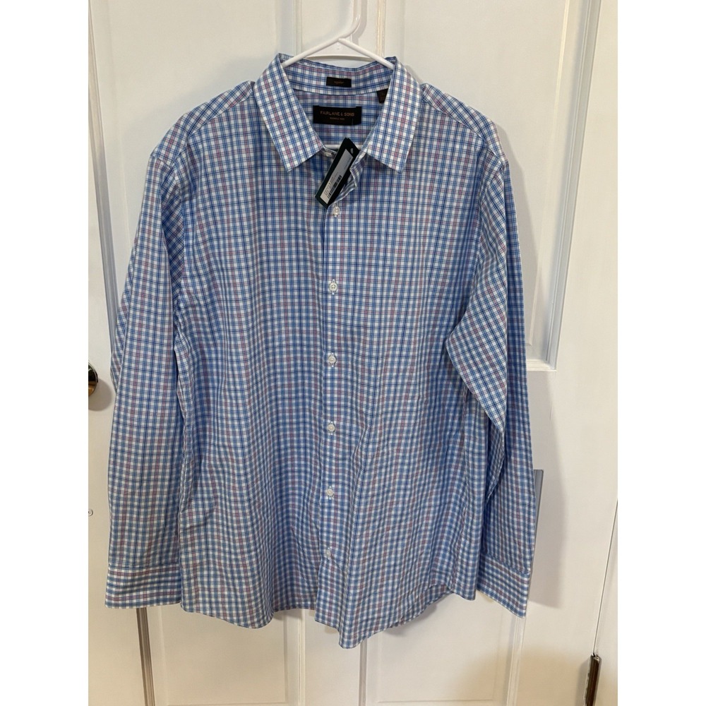 NWT Fairlane & Sons Mens Button Up Wrinkle Free Regular XL Blue Plaid Shirt
